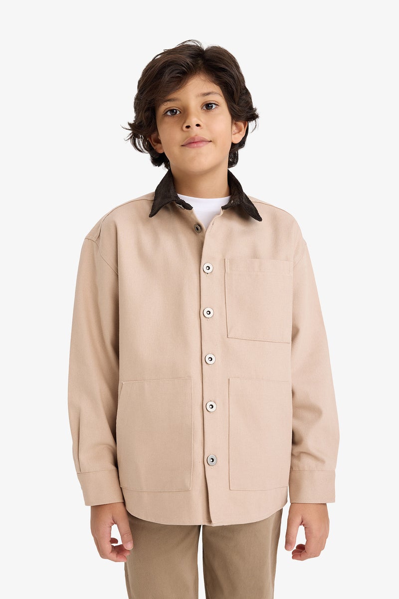 DeFacto Beige Boy Boy Contrast Shirt Collar Gabardine Shirt Jacket Casual - Image 3